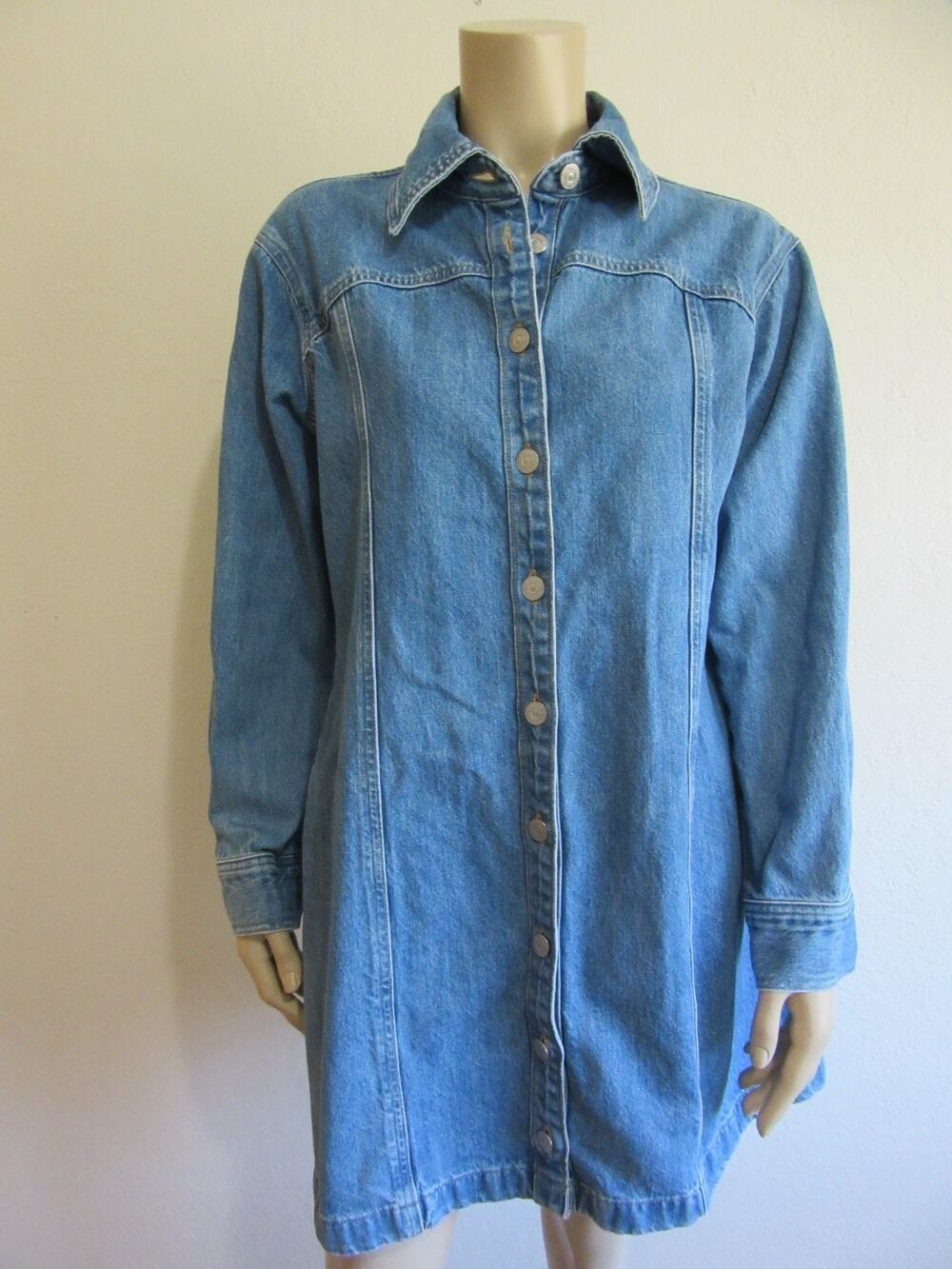 LEVIS Blue L Long Sleeve Denim Button Collared Pockets Mini Cotton Dress-CA